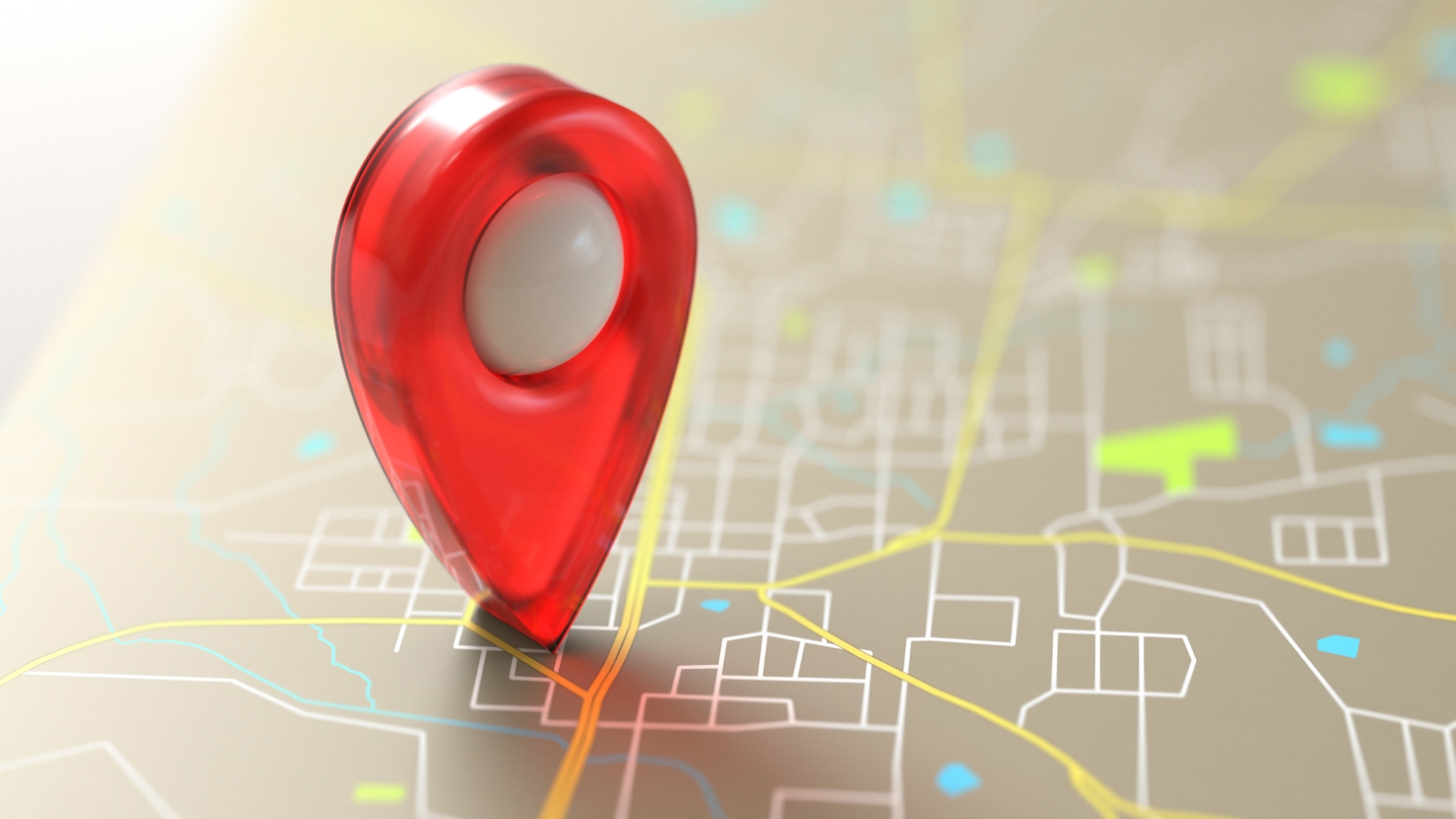 Red pin placed on a map of streets.