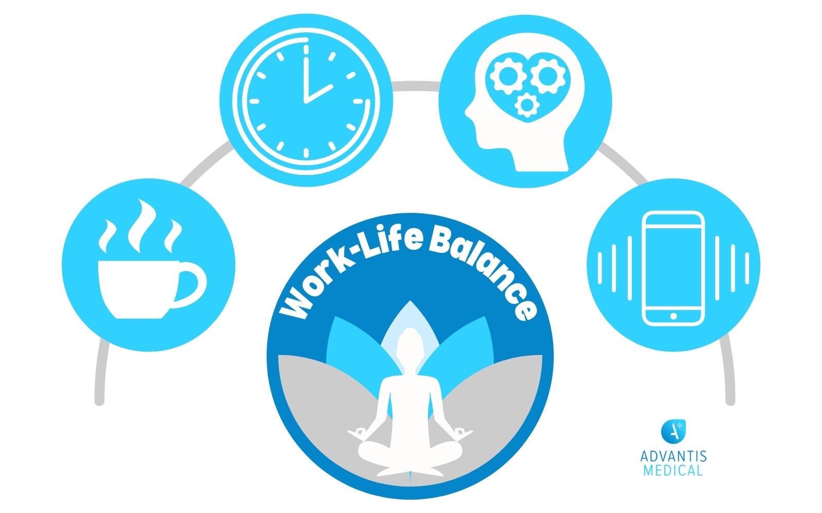 nfographic: Woman in yoga pose surrounded by work-life balance icons.