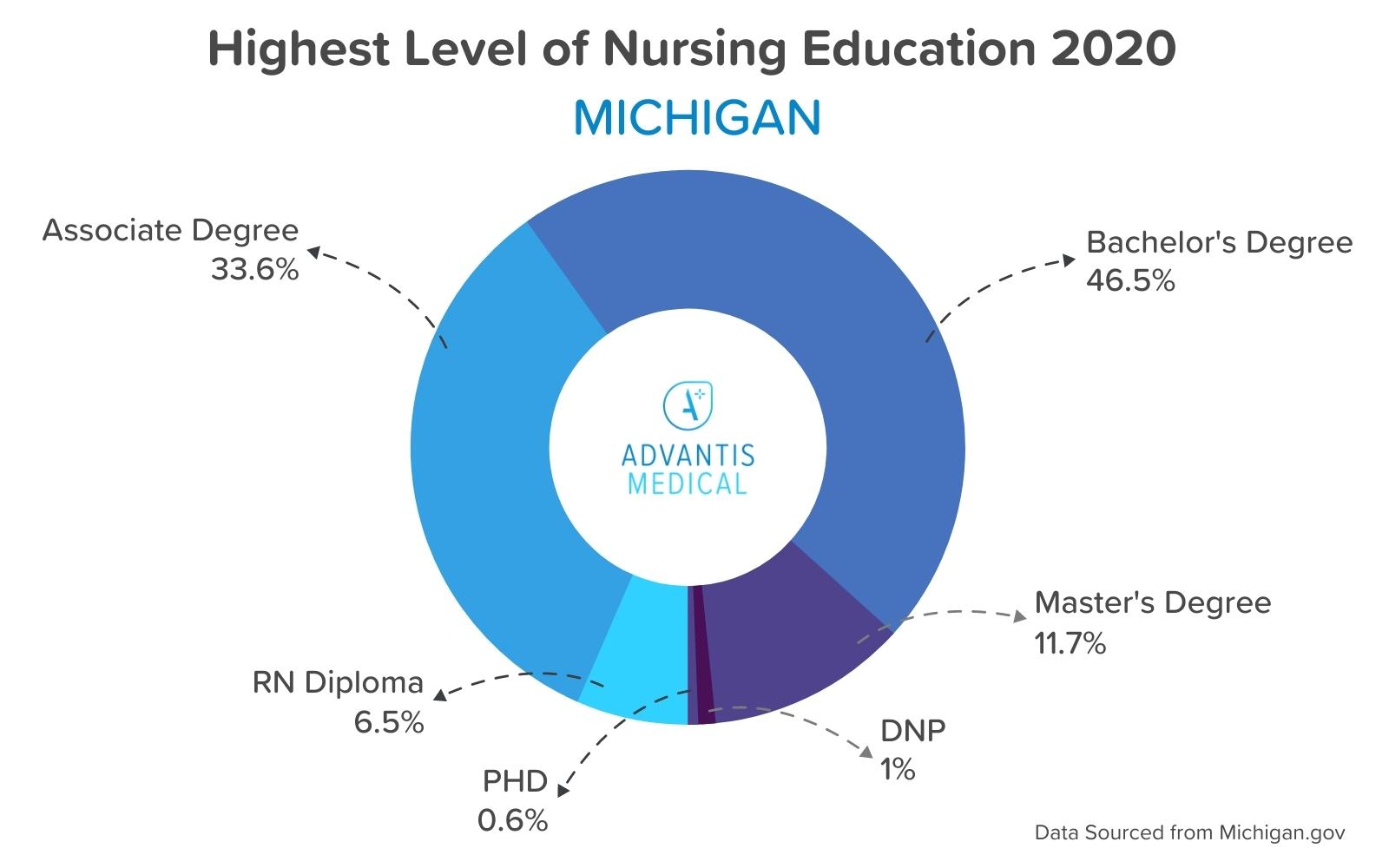Pie chart of Michigan nurse education levels in 2020.