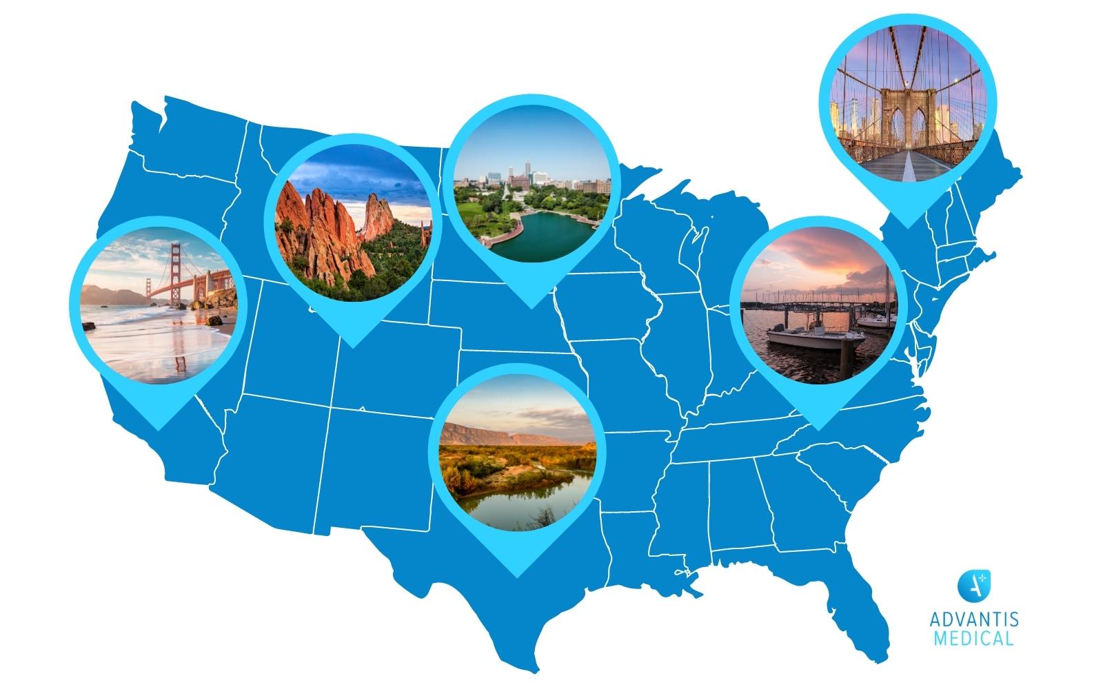 Map of USA with best places to travel nurse and photos.