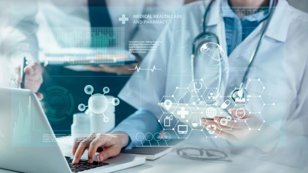 Nurse at a desk using laptop with medical AI and tech overlay.