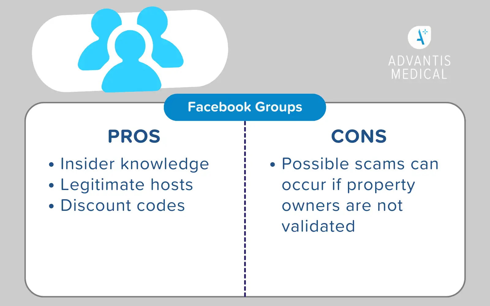 Facebook group pros and cons comparison chart for travel nurses looking for housing.