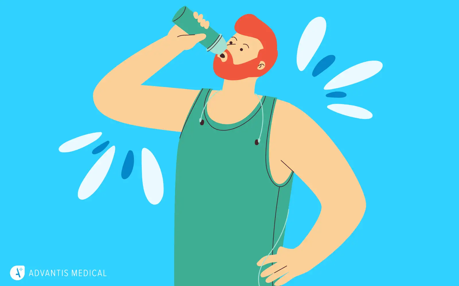 Graphic of a cartoon male nurse drinking from a water-bottle in athletic gear after working out or exercising.