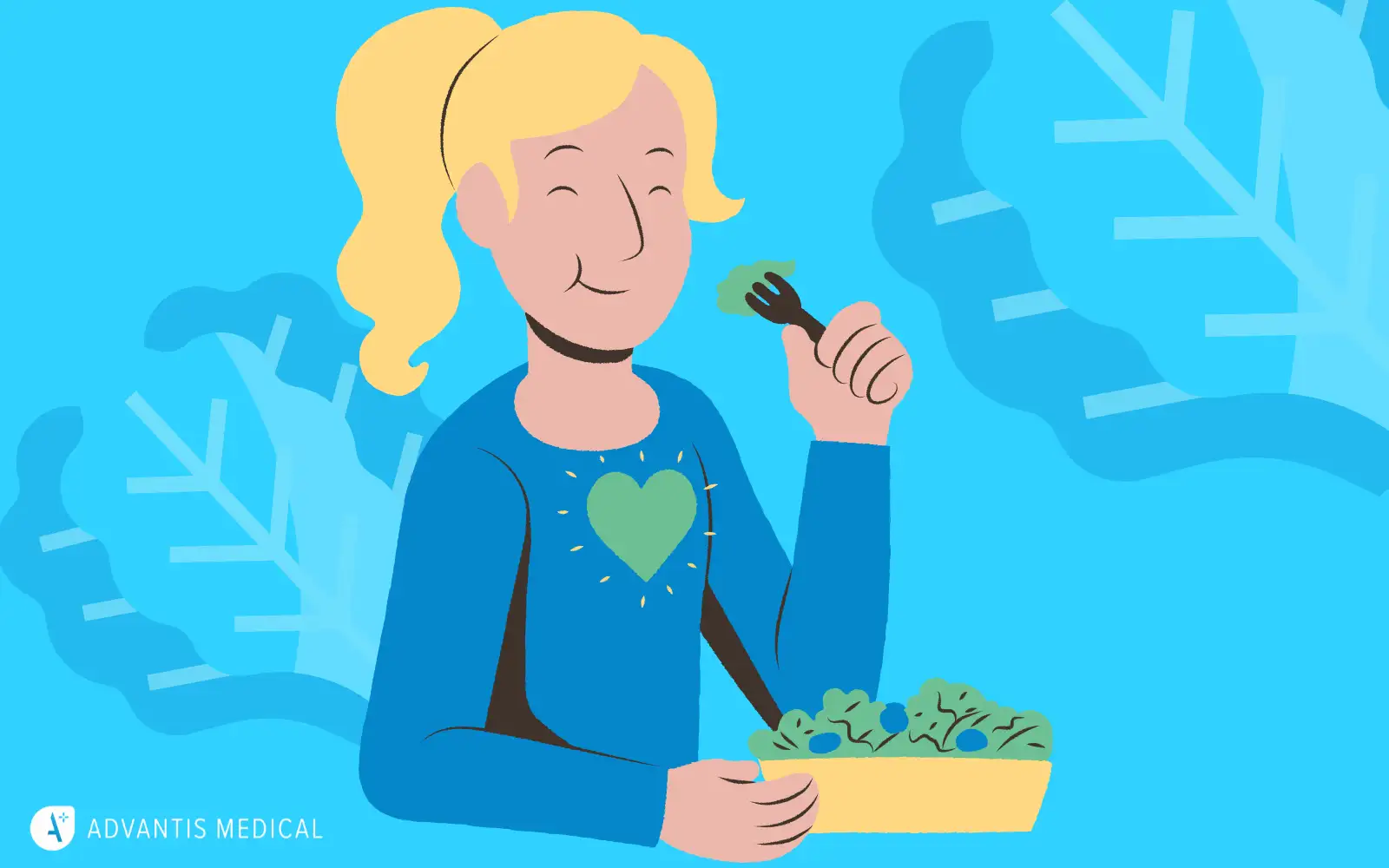 Graphic os a blond cartoon female eating a green salad out of a bowl for a nutrient-dense diet and healthy lifestyle habit.