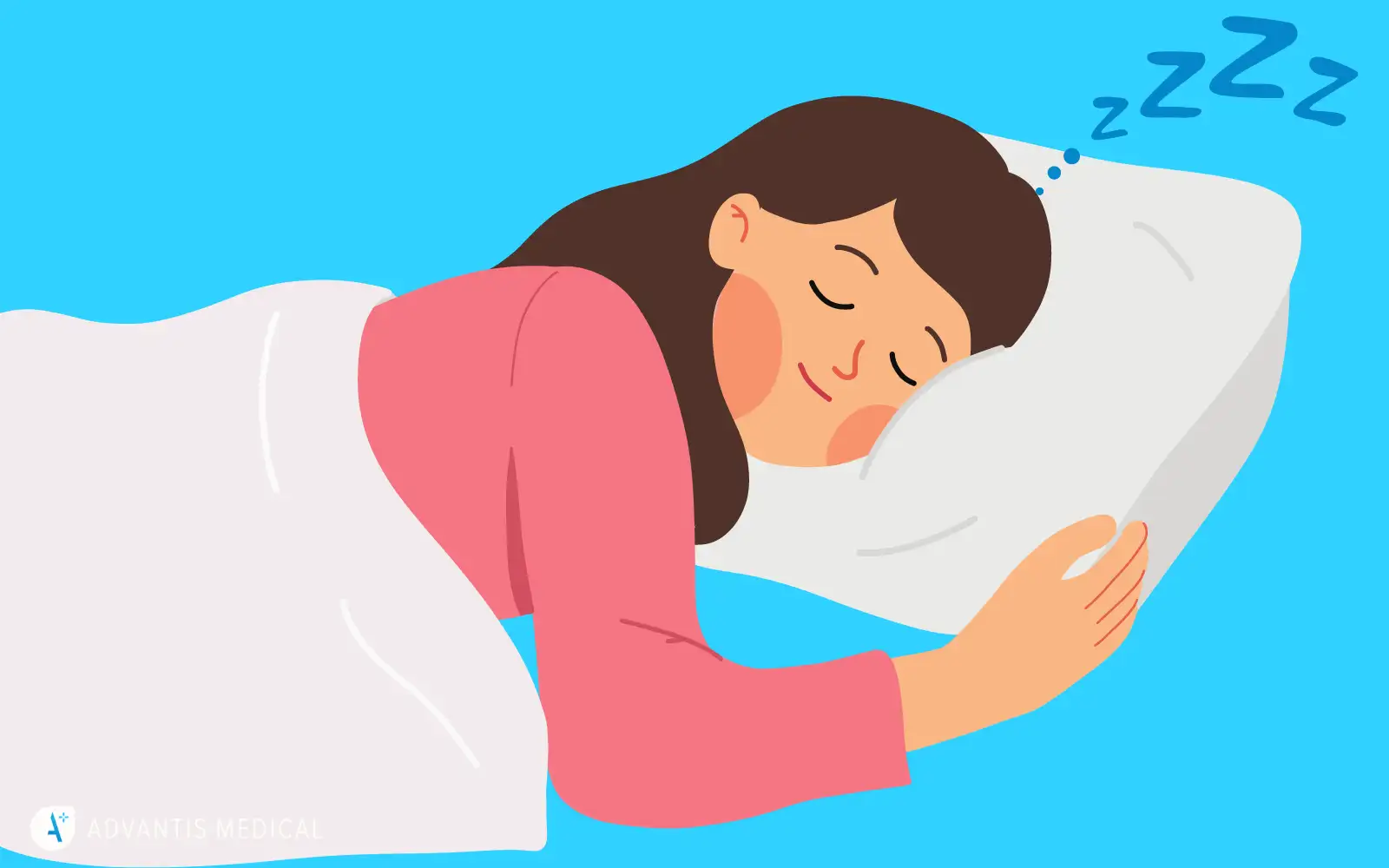 Graphic of a cartoon female nurse resting her head on a pillow sleeping for healthy habits.