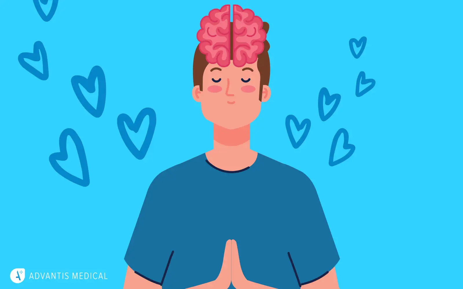 Graphic of a cartoon male man meditating with hearts surrounding and brain imagery, taking care of his mental health.