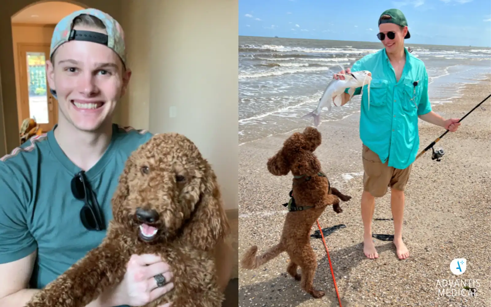 Male Advantis Medical Staffing travel nurse smiling while fishing and taking a selfie with a brown fluffy pet dog.
