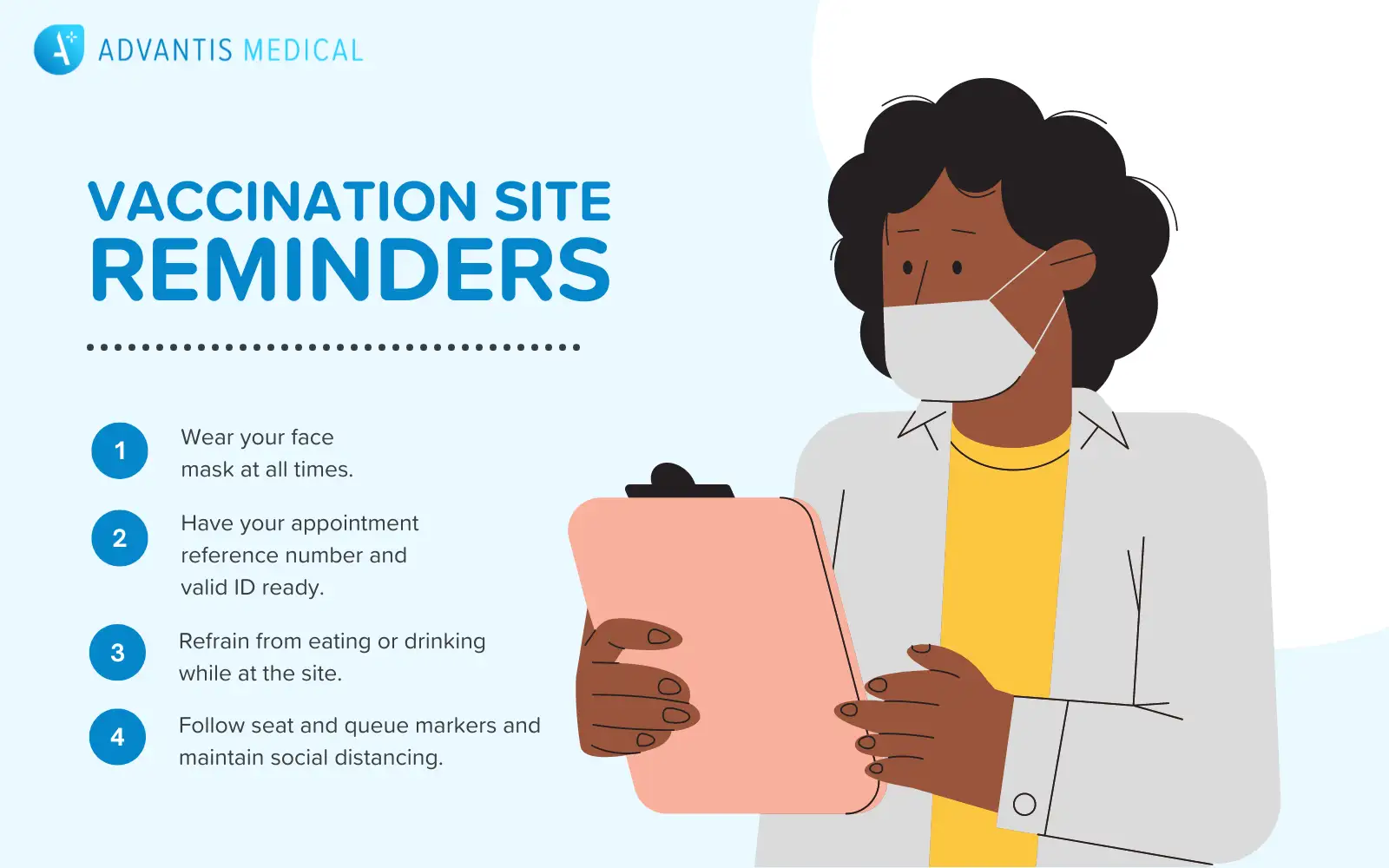 Poster infographic of vaccination site reminders and best practices for flue prevention and covid-19 safety.
