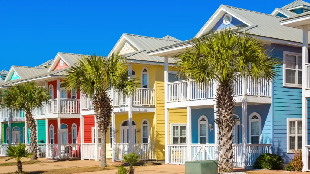 Street with a row of colorful wooden rental town housing in Florida reserved for travel nurses with palm trees in the foreground. Travel nurse housing in Florida.