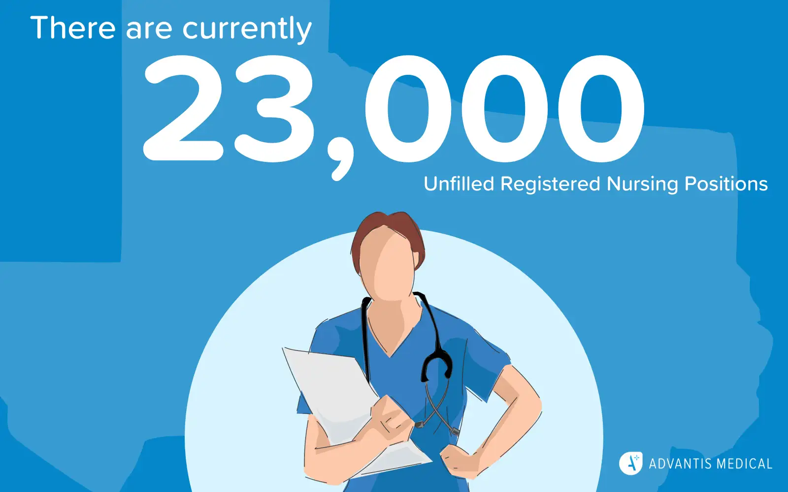 Nursing care shortage infographic statistic with text: there are currently 23,000 unfilled registered nursing positions.