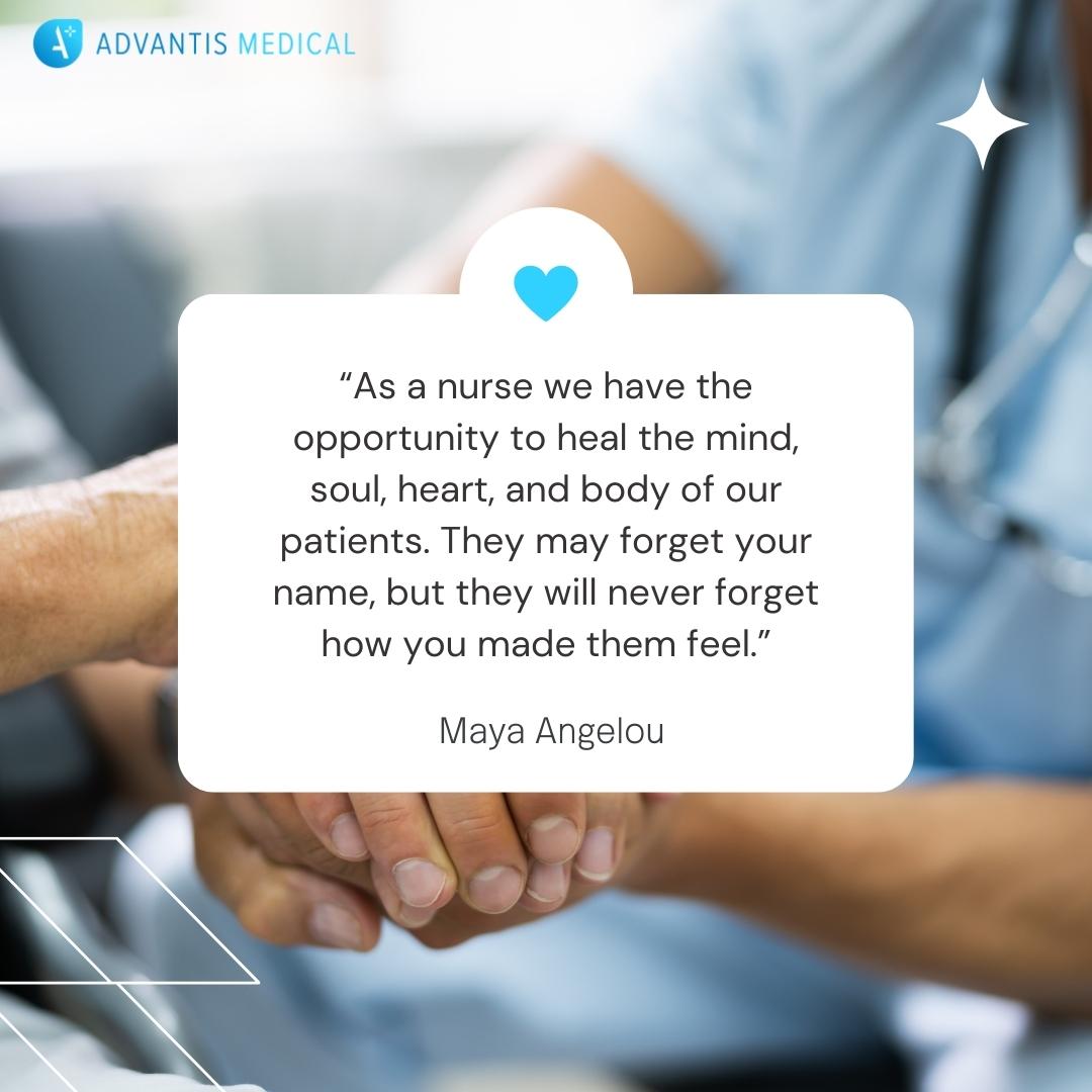Inspirational nurse quote 28 in a white square witha nurse holding hands in the background.