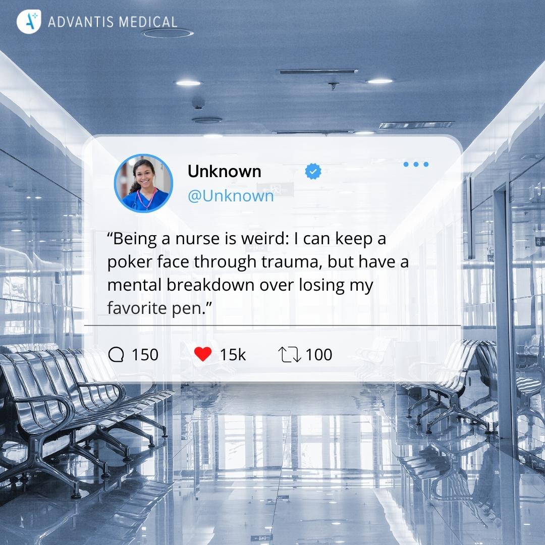 Relatable nurse quote 13 in a Twitter tweet template with a hospital background.