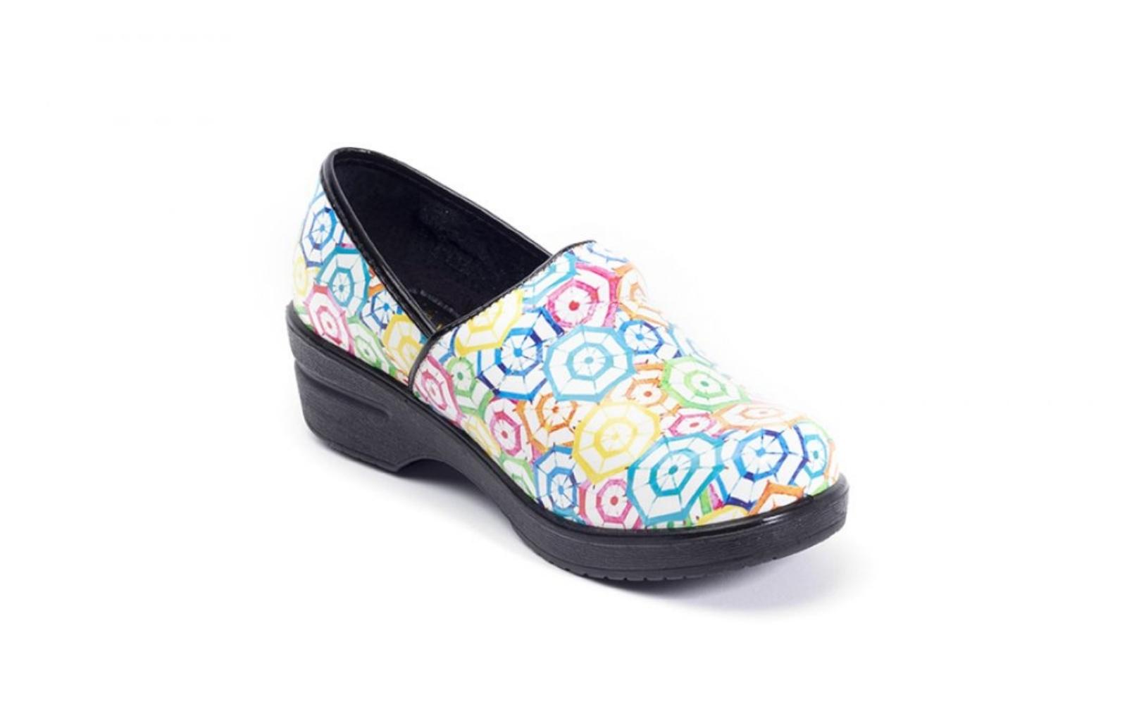 Rainbow patterned Savvy nursing shoe brands.