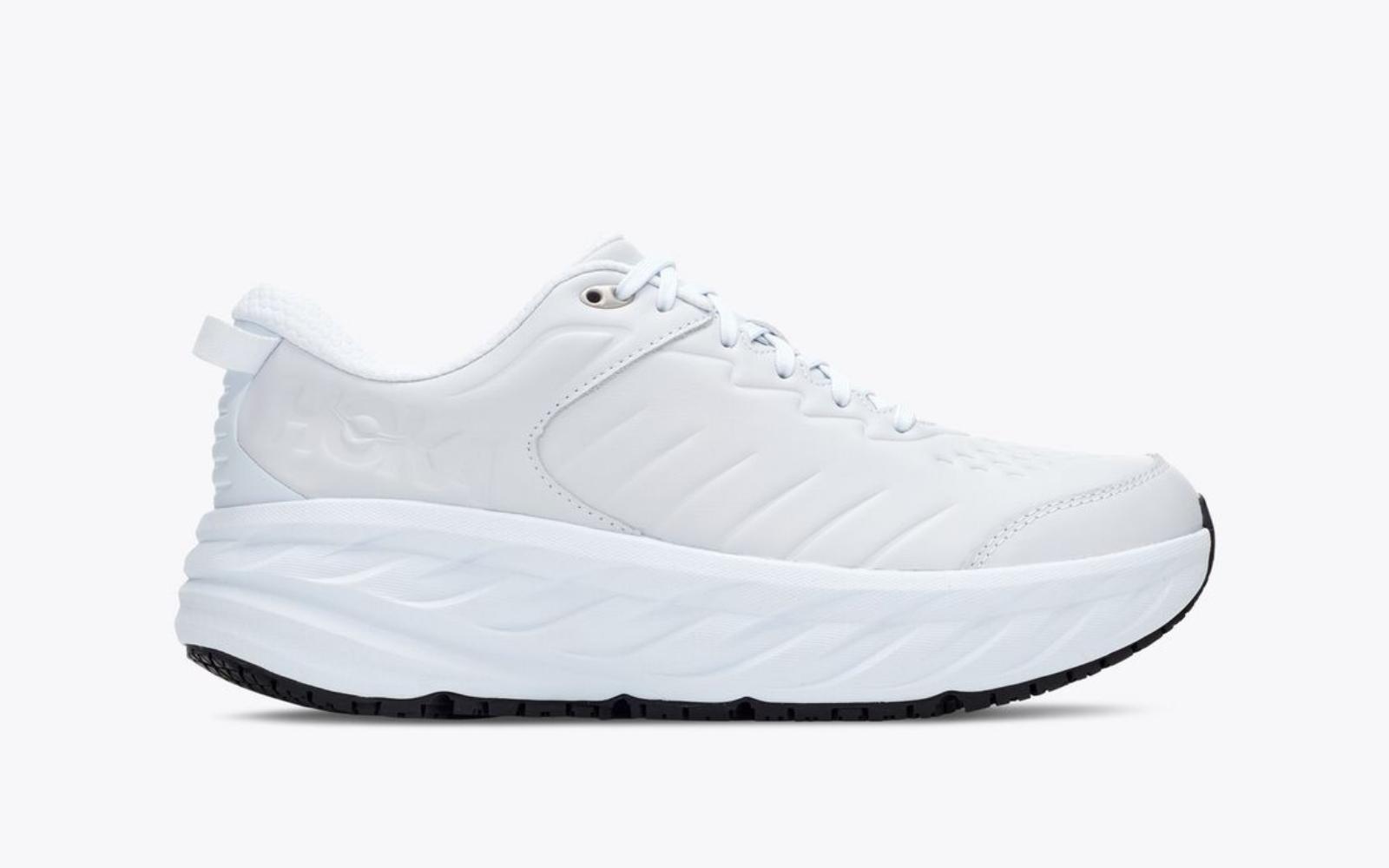 White Hoka nursing shoe brands.