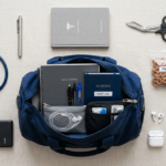 Organized flat lay of nursing bag essentials, including a stethoscope and trauma shears
