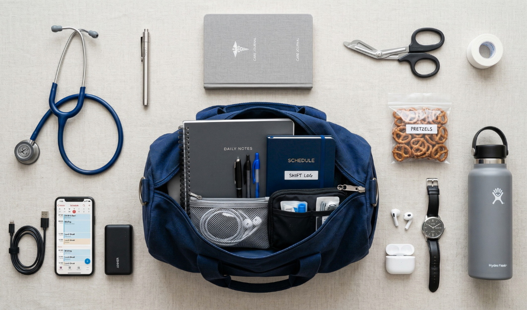 Organized flat lay of nursing bag essentials, including a stethoscope and trauma shears