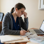 Stressed travel nurse in a hotel room organizing receipts and housing stipend documents for tax season.