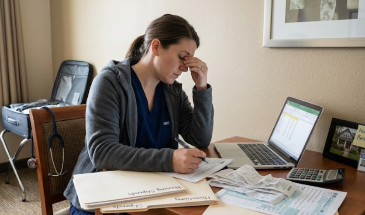 Stressed travel nurse in a hotel room organizing receipts and housing stipend documents for tax season.