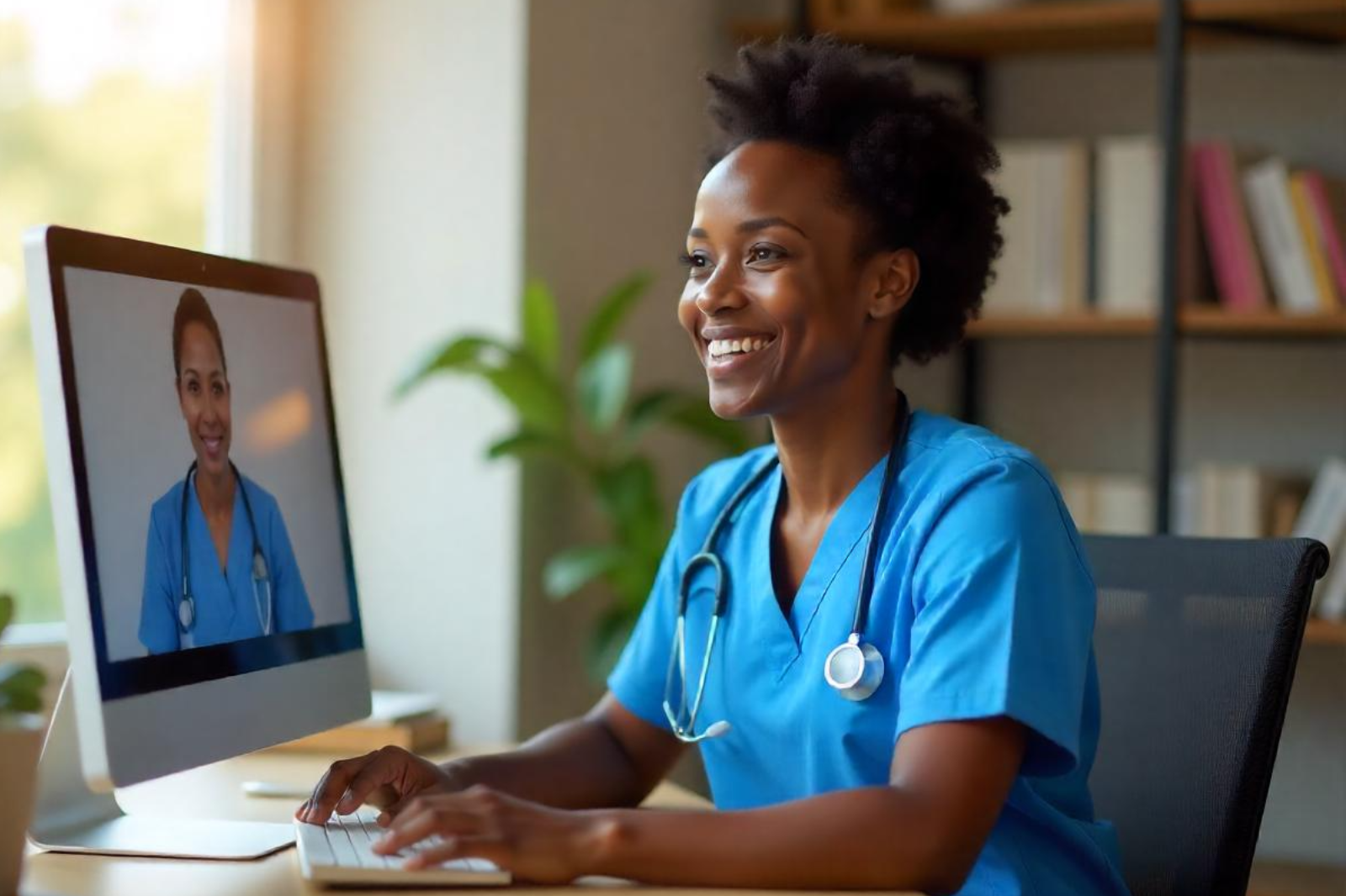 Travel nurse answering STAR interview questions during a virtual job interview