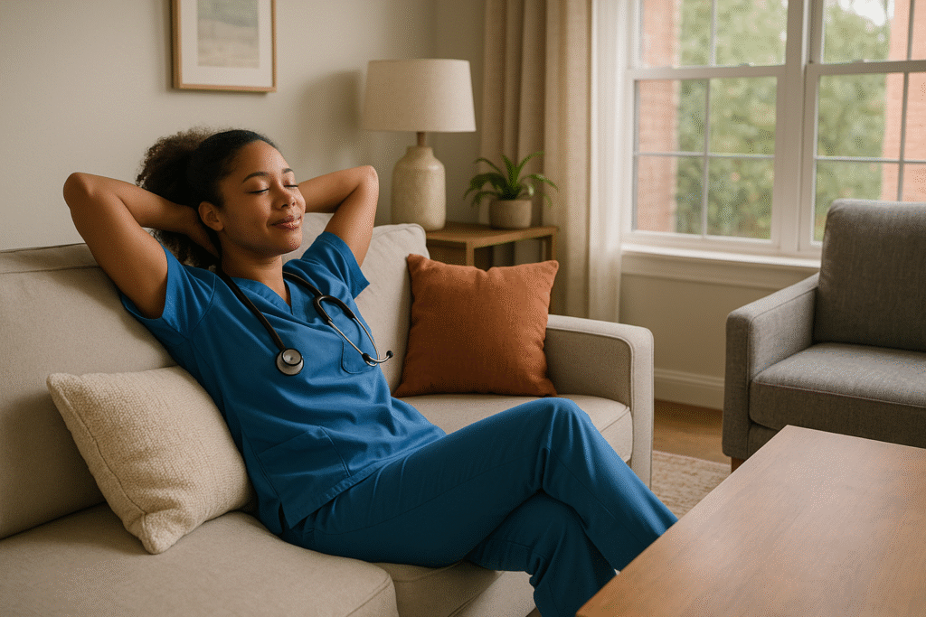 Travel nurse relaxing in a comfortable furnished apartment living room in Georgia