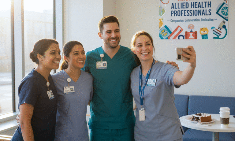 Allied health professionals celebrating allied health week in the hospital break room.