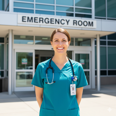 A happy emergency room travel nurse standing outside her new ER travel nurse job in Texas.