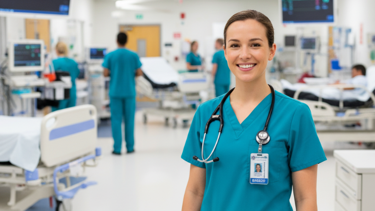 A smiling emergency room travel nurse standing confidently inside a busy hospital ER.