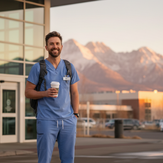 Male travel nurse standing outside a Colorado hospital before his first travel nurse job in Colorado
