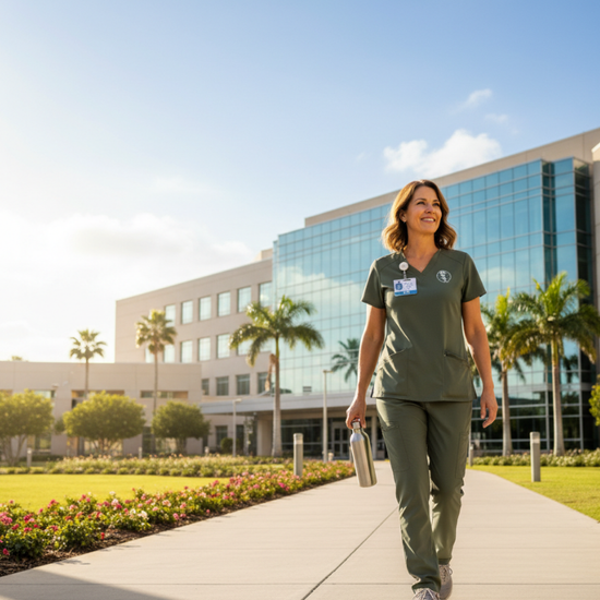 Female travel nurse walking outside of her new travel nurse job in California with clear blue skies and palm trees in the background.