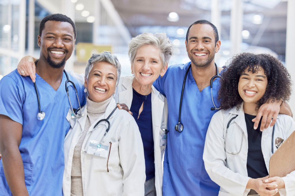 Diverse healthcare professionals collaborating at a hospital.