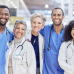 Diverse healthcare professionals collaborating at a hospital.