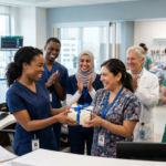 Diverse healthcare professionals collaborating at a hospital nursing station.