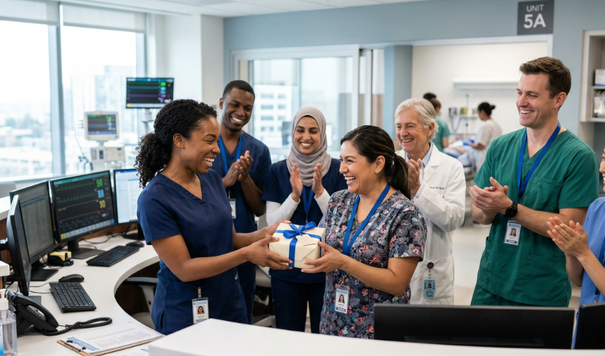 Diverse healthcare professionals collaborating at a hospital nursing station.
